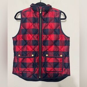 J. Crew Excursion Puffer Vest Red Buffalo Plaid Navy Blue Down Fill Size Small